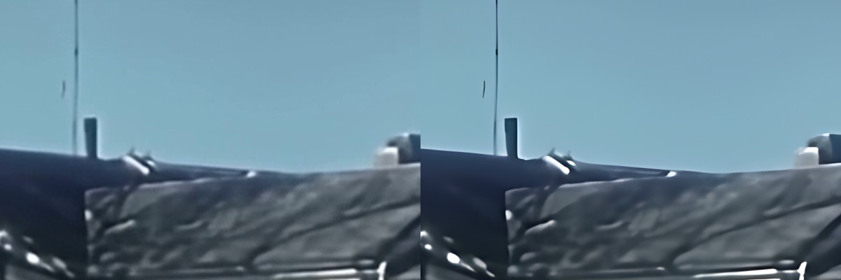 The same frame, left as the model makes it and scaled up, right after the HD finish: the roofline, chimney and antenna are crisper